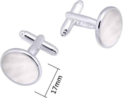Silver Mother of Pearl Cufflinks in Gift Box Round Cuff Links for Business Wedding Anniversary Dress...
