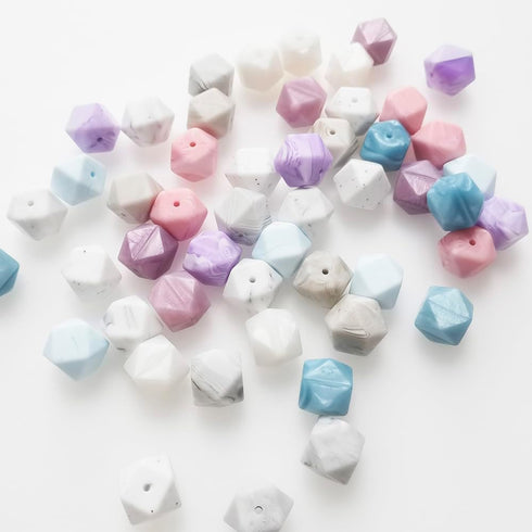 50 Pieces Silicone Beads, BetterJonny 10 Colors Loose Beads with Storage Box 14mm Sweet Colors Hexagon Beads Marble Printed Silicone Loose Beads f...