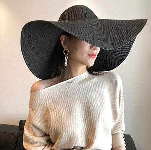 1Pcs Women Wide Brim Straw Hat Foldable Beach Floppy Sun Hat Black...