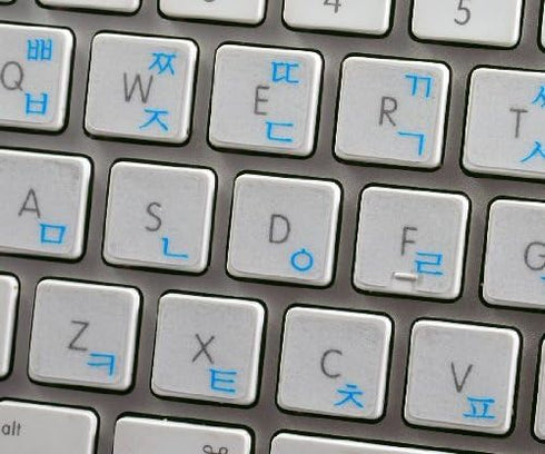 KOREAN APPLE KEYBOARD STICKER with BLUE LETTERING ON TRANSPARENT BACKGROUND...