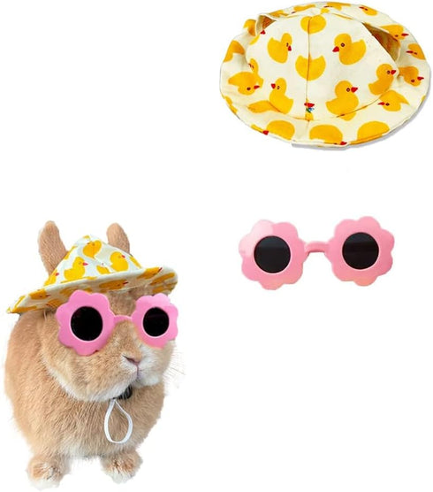 Cute Summer Yellow Duck Hat & Sunglasses for Pet Bunny Small Animal Clothing Costume Oufit Accessories for Rabbit Guinea Pig Kitty Puppy Chinchill...