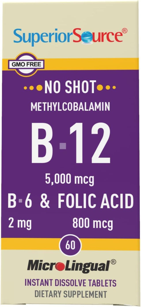 Superior Source No Shot Vitamin B12 Methylcobalamin (5000 mcg), B6, Folic Acid, Quick Dissolve Sublingual Tablets, 60 Ct, Increase Energy, Healthy...