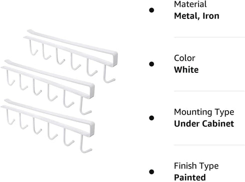 3pcs Mug Hooks Under Cabinet Mug Holder Rack,Drilling Free Coffee Cups Holder Hanger for Cups/Kitchen Utensils/Ties Belts/Scarf/Keys Storage,Fit f...