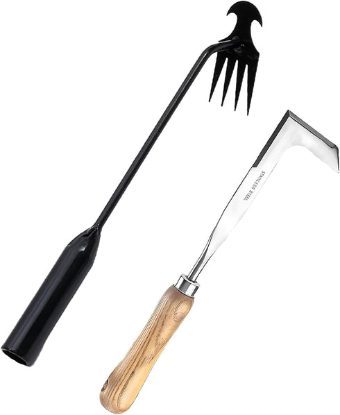 2 Pack Uprooting Weeding Tool, Gardening 4 Claw Hand Weed Remover Tool and L-Shape Manual Grass Removal Set, Manganese Steel Weeder Puller for Law...