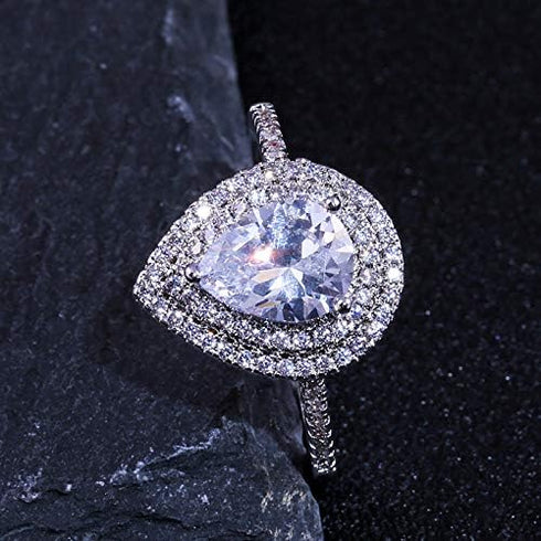 FAONIE White Gold Plated Teardrop Halo Pear Cut Cubic Zirconia CZ Engagement Wedding Ring For Women (9)...
