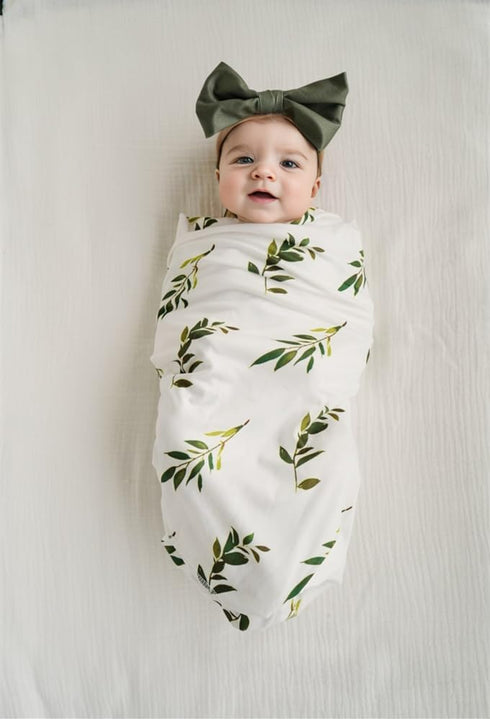 Little Jump stretchy baby Swaddle Blanket and Hat Bow Set, Olive Branches Jersey Cotton Receiving Blanket, newborn hospital outfit for Boys (Green...