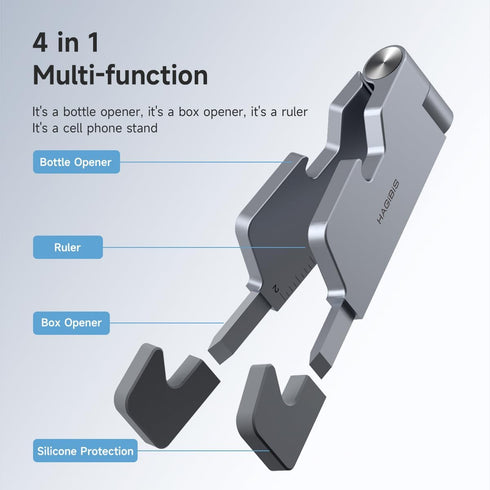 Hagibis Cell Phone Stand for Desk, 4 in 1 Foldable Aluminum Portable Travel Phone Holder with Bottle Opener, Box Opener, Ruler for iPhone 15 14 13...