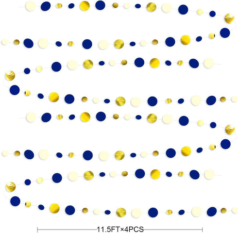 46 Ft Navy Blue and Gold Circle Dots Garland Royal Blue Hanging Paper Polka Dot Streamer for Birthday Wedding Bridal Baby Shower Graduations Nauti...