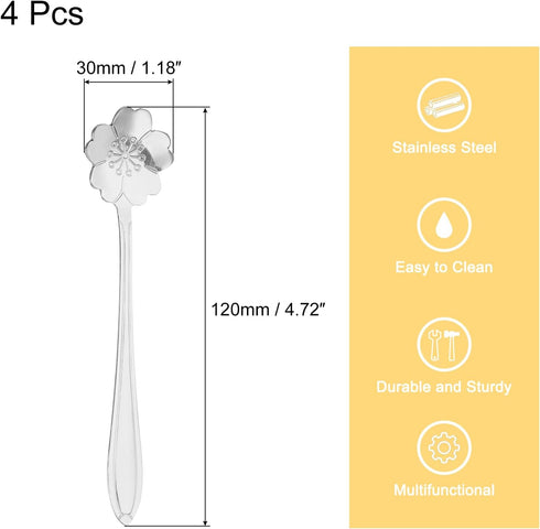 uxcell 4Pcs Stainless Steel Flower Spoons 5 Inch Cherry Blossom Shape Coffee Spoon Small Teaspoon Dessert Spoon for Espresso Sugar Cake, Silver...