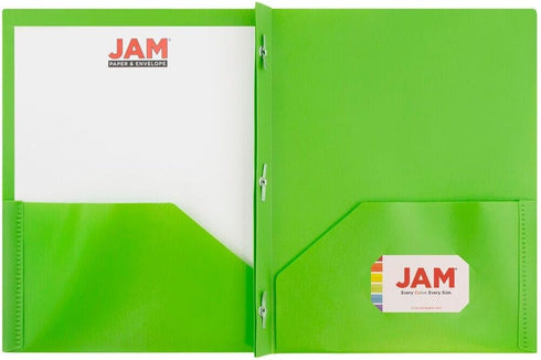 JAM PAPER Plastic 2 Pocket School POP Folders with Metal Prongs Fastener Clasps - Lime Green - 3/Pack...