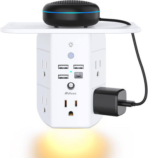 Wall Outlet Extender with Shelf and Night Light,Surge Protector,USB Wall Charger with 5 AC Outlets and 3 USB Ports 1 USB C Outlet Wide Space 3-Sid...