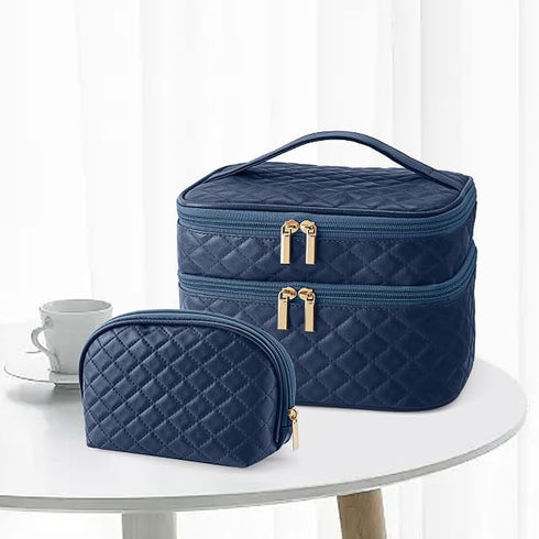 MAANGE Makeup Bags, 2 PCS Cosmetic Bag Leather Makeup Travel Bag Roomy Double Layer Makeup Bags for Women Portable Makeup Pouch Gifts...