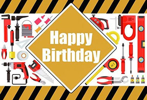 Construction Tools Theme Happy Birthday Backdrop for Boy 7x5ft Vinyl Tool Encyclopedia Engineering Genius Yellow and Black Stripes Background Kids...