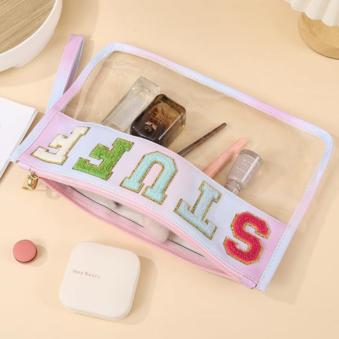 Women Chenille Letter makeup Bags PVC Transparent Cosmetic Case Waterproof Beach Sunscreen Bag Portable Travel Snack Zipper Pouches (SNACKS)...