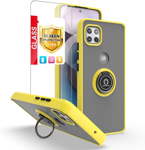 TJS Compatible with Motorola Moto One 5G Ace 2021 Case, Moto G 5G 2021 Case, with Tempered Glass Screen Protector Metal Ring Magnetic Support Kick...