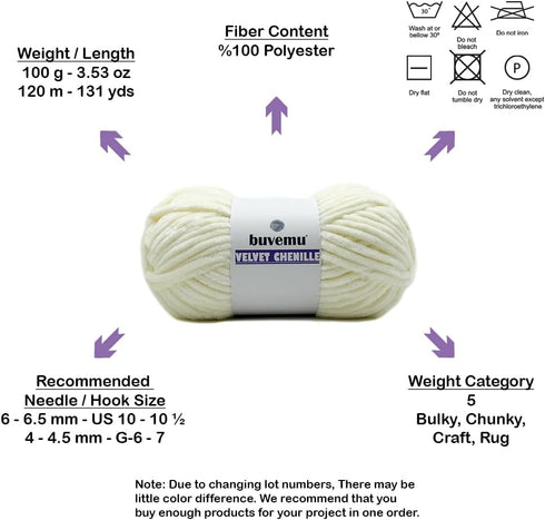 Velvet Chenille Yarn, Super Soft Fluffy Bulky for Knitting Crocheting Crafting Blanket Amigurumi, 100 Gram (3.53 Ounces) 131 Yards (120 Meters) (C...