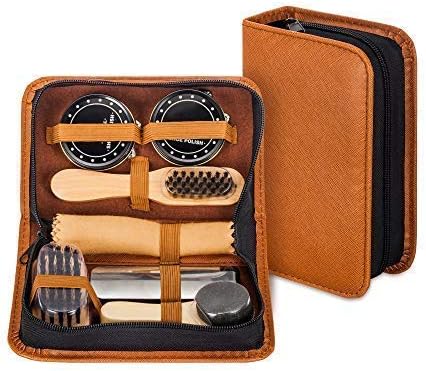 Shoe Shine Kit with PU Leather Sleek Elegant Case, 7-Piece Travel Shoe Shine Brush kit...
