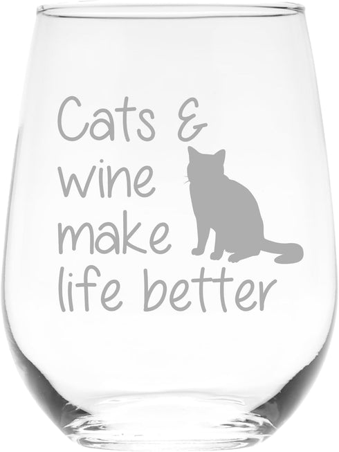 Cats and Wine Make Life Better Stemless Wine Glass - 17 oz - Funny Cat Lover Themed Gift for Men and Women...