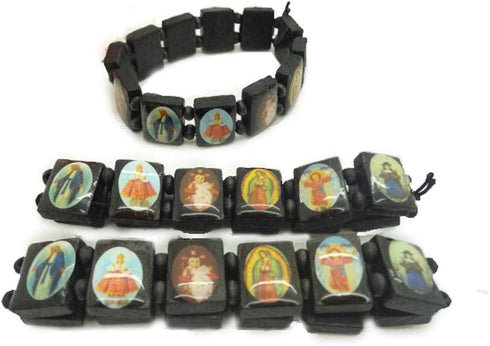 4Pcs Wooden Jesus Virgin Mary Bracelet Saints Rosary Stretch Wooden Small Panel Bracelet Religious Saints Jesus Gift...