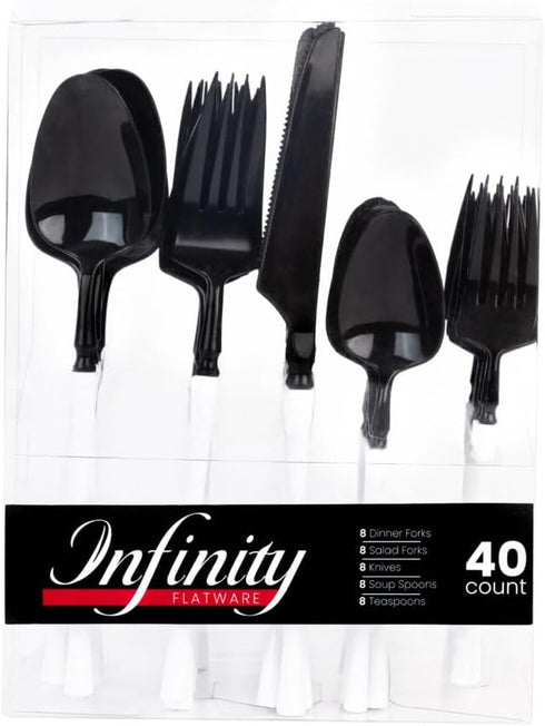 Blue Sky Infinity Flatware Deluxe Black & White Combo - 40 Count | Premium Disposable Plastic Cutlery Set with 8 Dinner Forks, 8 Salad Forks, 8 Kn...