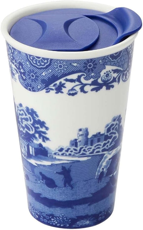 Spode Blue Italian 8oz Porcelain Travel Mug with Lid – Scenic Patterned Drinkware with Decorative Border - Portable Ceramic Coffee Cup for Brunch,...