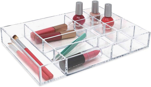Isaac Jacobs 12-Compartment Clear Acrylic Drawer Organizer (9.4" L x 6.4" W x 1.3" H), Multi-Sectional Tray & Storage Solution for Makeup, School ...