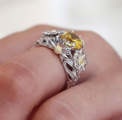 Lzz Fashion Lady 925 Sterling Silver Ring 3.5ct Citrine Daisy Ring Cubic Zirconia Sunflower Flower Wedding Ring Size 6-10 (US Code 6)...
