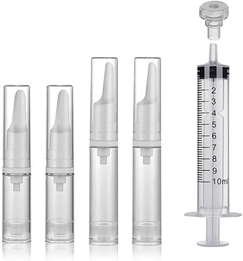 4PCS Airless Pump Bottles Set with 10ml Syringes - 5ml + 10ml Empty Refillable Cosmetic Airless Pump Jars - Travel-Size Portable Vacuum Pump Bottl...