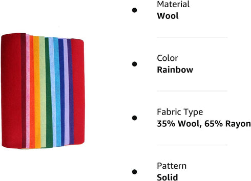 Wool Felt Blend, Merino Wool and Rayon, All Natural fibers, 9x12 inch, 12 Sheets (Rainbow)...