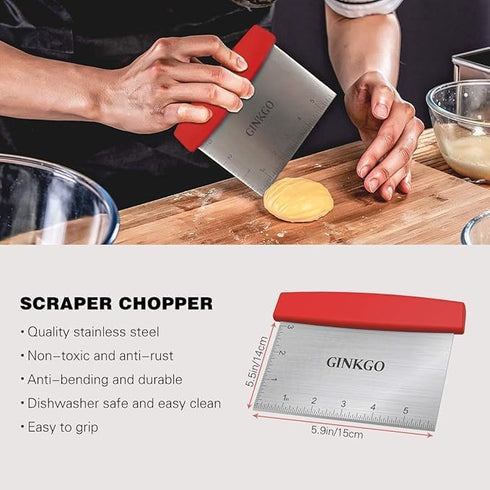 GINKGO Bench Dough Scraper Chopper Stainless Steel Kitchen Utensil Multipurpose Pastry/Food Cutter Scraper Tool for Cake, Pizza, Bread, BBQ - Red...