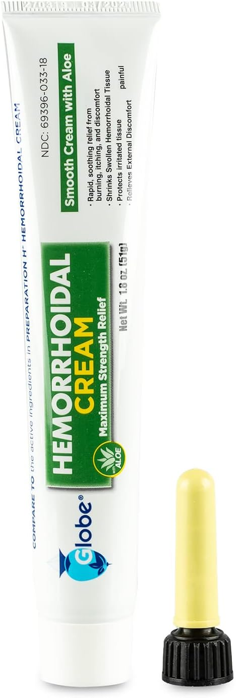 Globe (2 Pack) Hemorrhoid Cream, Relief with Aloe, (1.8 Ounce Tube) Relief from Hemorrhoids, Piles, Itching, Burning, Discomfort, & More...