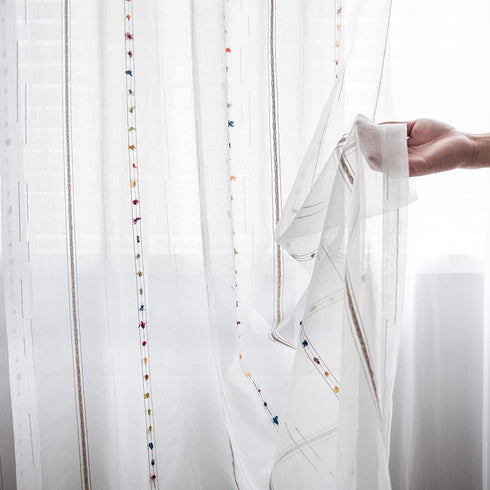 pureaqu Faux Linen Stripe Pom Pom Sheer Curtain for Bedroom/Kids Room Embroidered Colorful Rainbow Semi Sheer Voile Window Curtain for Living Room...