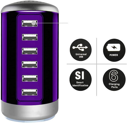 Universal USB Charger 6-Port Desktop USB Charging Station Hub with Smart Identification Technology Compatible with iPhone iPad Cell Phone Tablets(...