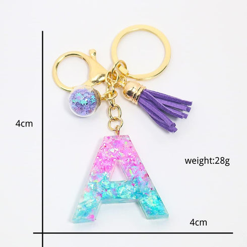 Fuqimanman2020 Glitter Letter A-Z Keychain Pink Blue Resin Alphabet Initial Letter Accessories with Purple Tassel Glass Ball...