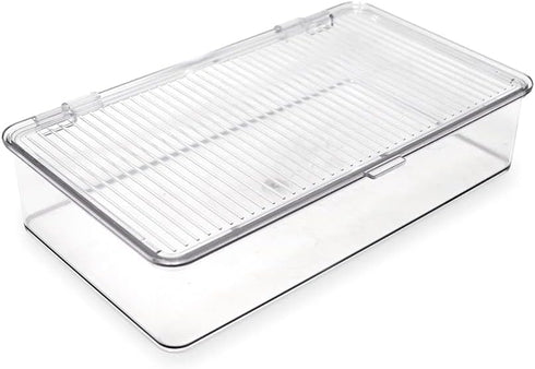 Isaac Jacobs Small Stackable Organizer Bin (10.75” x 6.5” x 2.4”) w Hinged Lid Clear Storage Box Home Office School Fridge Bathroom Kitchen Pantry...
