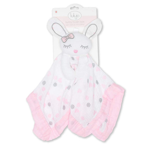lulujo Lovey Blankets| Unisex Security Blanket & Toy| Softest Breathable Cotton Muslin| 15"x15"| Pink Bunny...