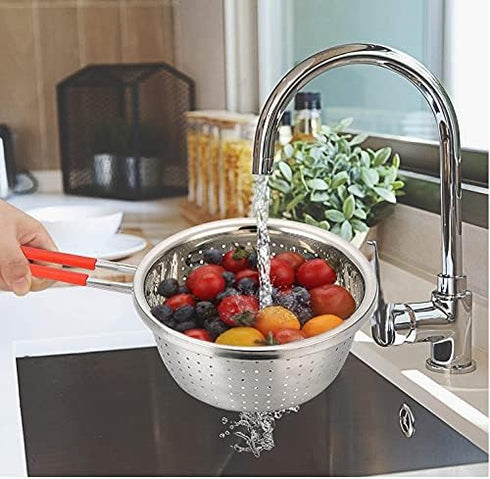 Stainless Steel Perforated Metal Colander Strainer with Long Red Handle Sieve Sifters Use for Kitchen Food Pasta Noodles Spaghetti Vegetables Silv...