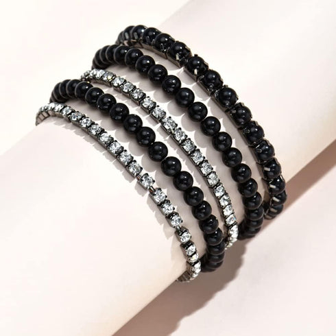 COLORFUL BLING 5-6Pcs Imitation Pearl Stretch Bracelet Set for Women Gold Beaded Flat Strand Stackable Crystal Rhinestone Layered Bracelet for Wom...