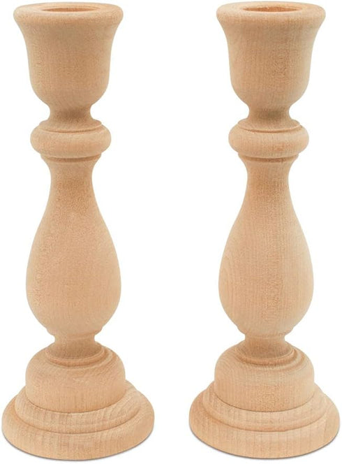Unfinished Wood Candlestick Holders 6-3/4 inches with 7/8 inch Hole, Set of 2 Classic Craft Candlesticks to Paint or Decorate, by Woodpeckers...