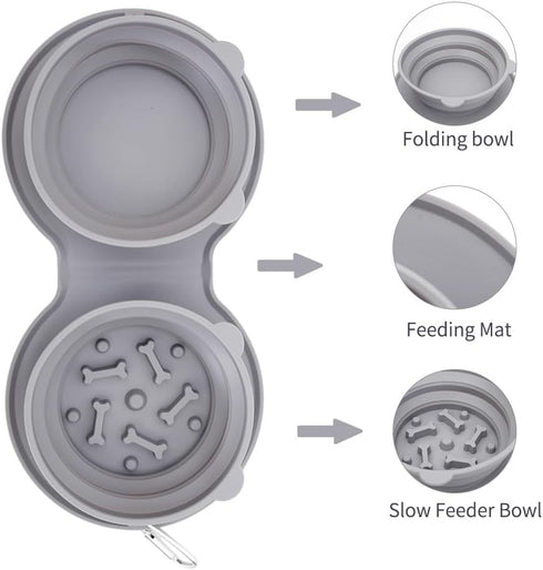 3-in-1 Foldable Slow Feeder Dog Bowls with Non-Spill Silicone Mat - Perfect for Large, Medium, and Small Breeds - Promotes Healthy Eating Habits -...