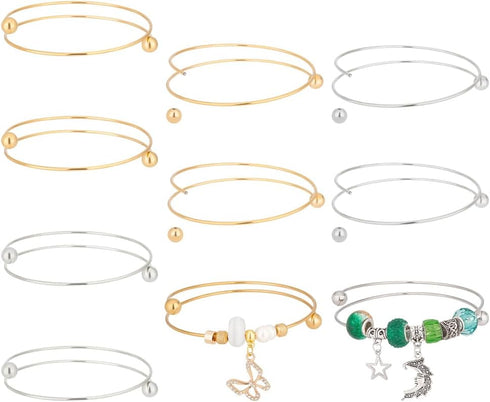 OLYCRAFT 10pcs 2.5 Inch Expandable Blank Bangle Bracelets with Removable Ball Bead - Gold & Silver Stainless Steel Wire Bangle Blank Cuff Bracelet...