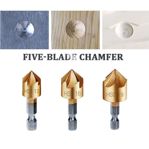 Countersink Drill Bit Set 3 Pcs 1/4'' Hex Shank High Carbon Steel 5 Flute Countersink 90 Degree Center Punch Tool Sets for Wood Quick Change Bits ...