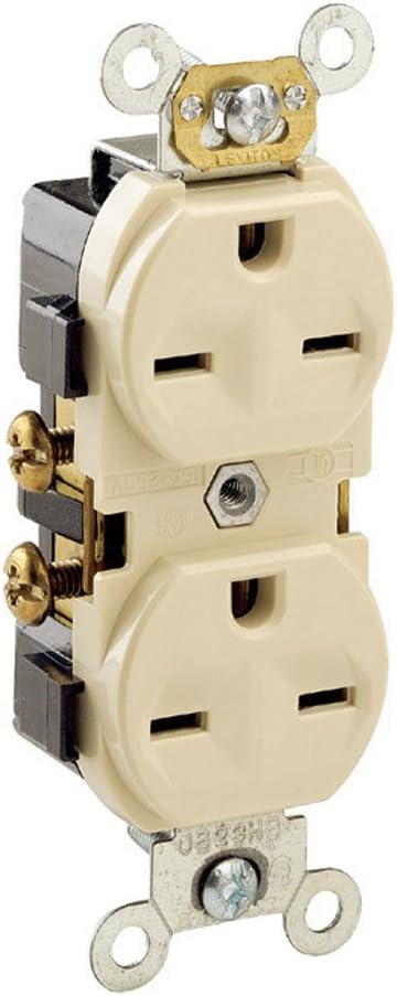 Leviton 5028-I 15 Amp, 250 Volt, Narrow Body Duplex Receptacle, Straight Blade, Steel material, Commercial Grade, Self Grounding, Canadian, Ivory...