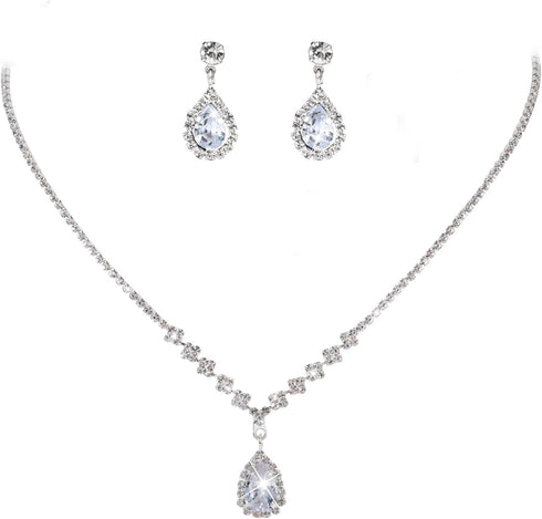 CIEHER Silver 2/3 Pieces Women Jewelry Set - Drop Necklace + Crystal Teardrop Dangle Earring Clips, Crystal Clip On Earrings Silver Non Pierced fo...