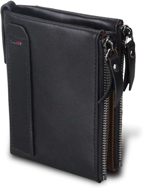 Men's Folding Double Zip Wallet RFID Blocks Retro Short Coin Purse...