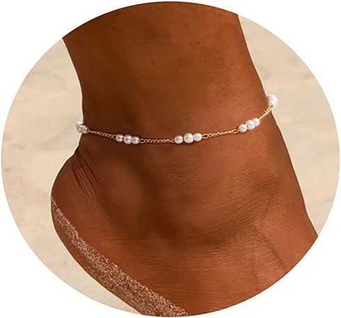 MIDEEO 14k Gold Plated Pearl Anklet Boho Anklets for Women Ankle Bracelet Minimalist Dainty Beach Anklet...
