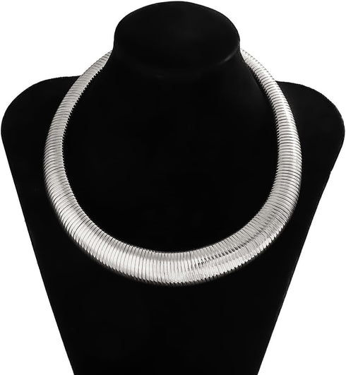 Women's Chunky Striped Flat Snake Collar Necklace Exaggerated Heavy Metal Twisted Torques Necklace...