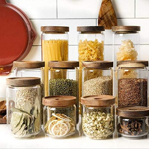 1PCS 450G/15oz Empty Clear Glass Canister Home Kitchen Food Storage Container Jars Pots With Airtight Wood Lids Food Organizer Vial Dispenser for ...