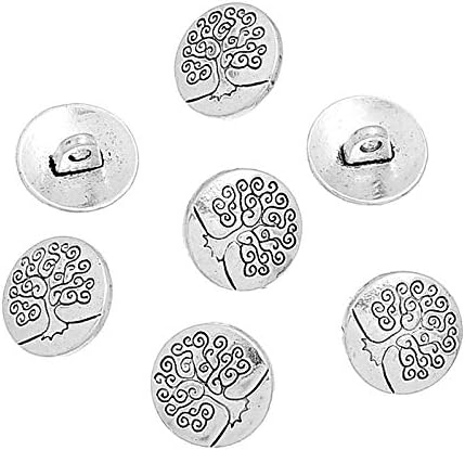 PH PandaHall 50pcs 1 Hole Shank Buttons Zinc Alloy Buttons Flat Round Antique Silver Buttons Carved tree of life Tibetan Style for Costumes Design...
