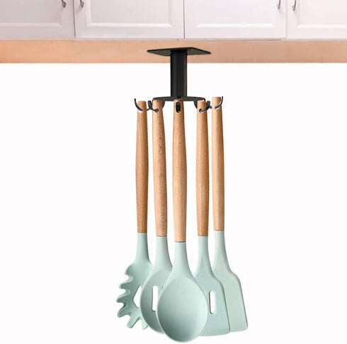 Aosome Under Cabinet Utensil Holder Hanger 360°Rotating Stainless Steel Kitchen Utensil Hanger 8 Hooks...